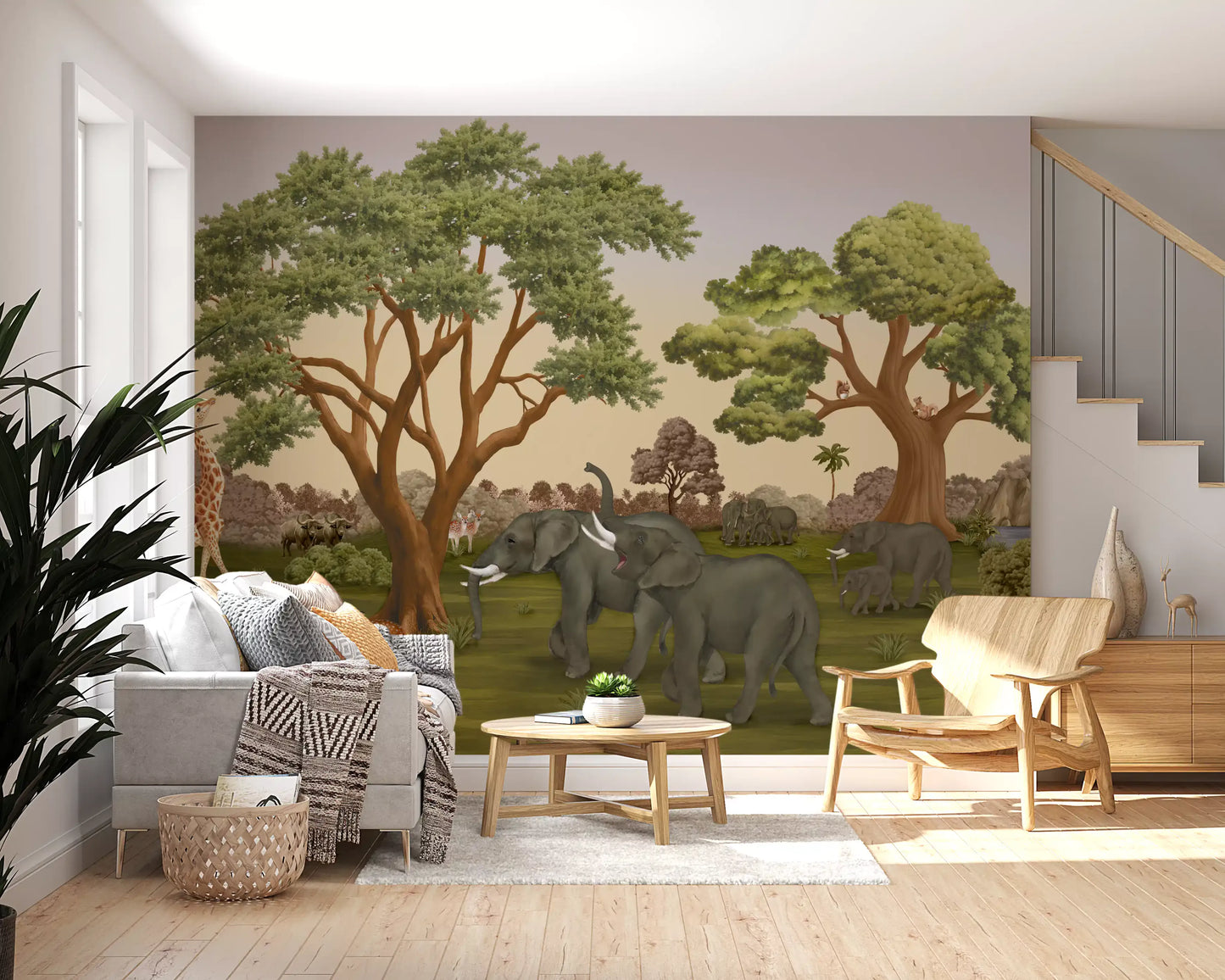 Herd of elephants and a small squirrel in a green savanna mural for living room., GD10167
