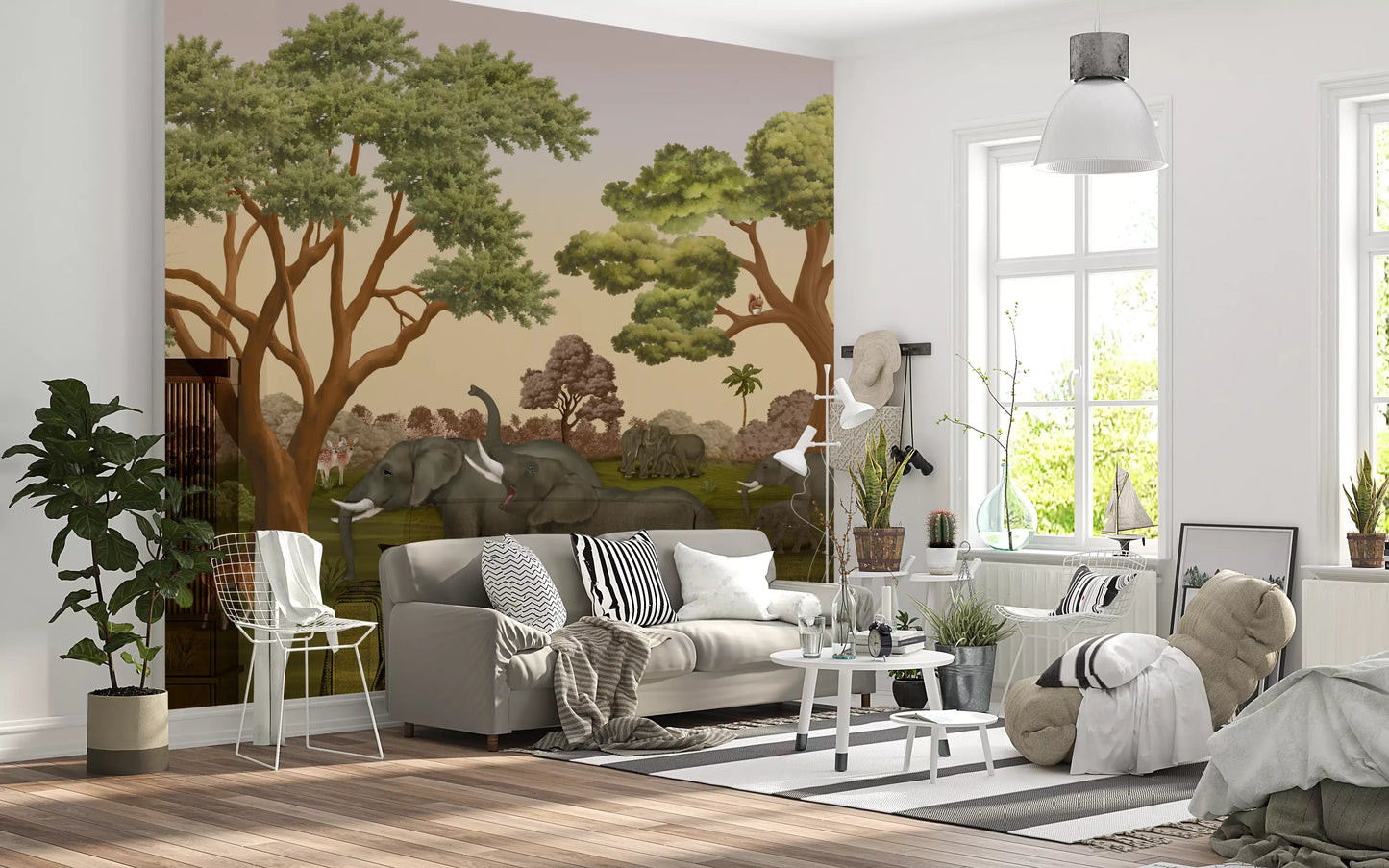 Wide jungle-themed wall mural with giraffe, elephants and open grassland., GD10167