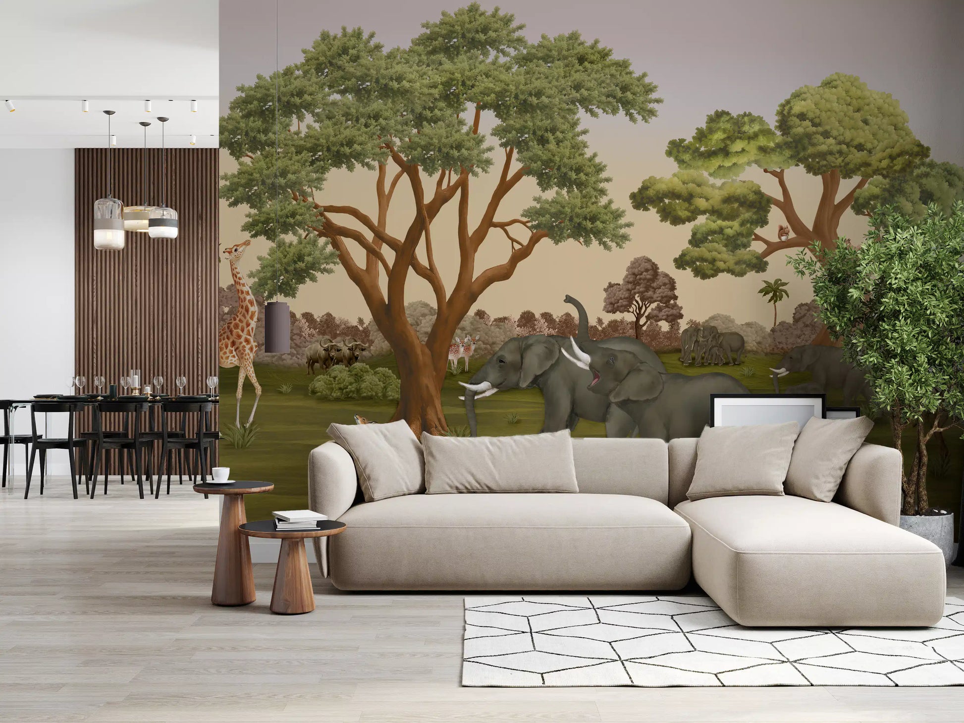 Spotted fawn and brown buffalo grazing in a grassland wall mural., GD10167