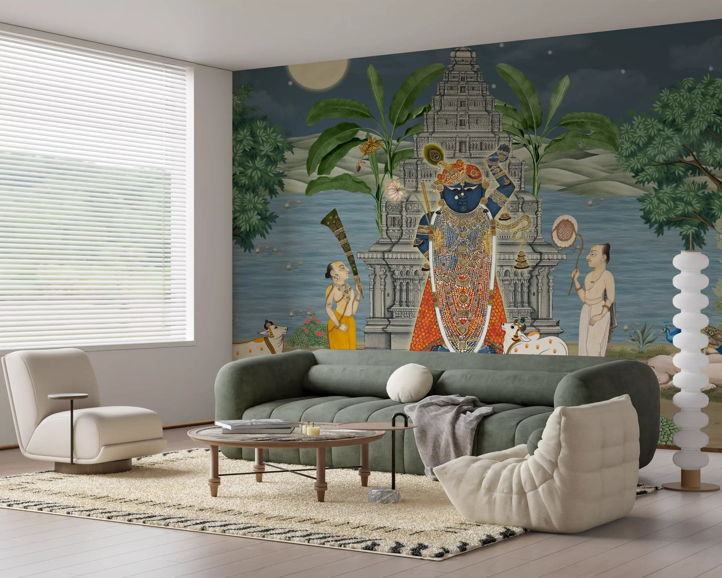 Peacocks perched on rocks with pink blossoms in a green Pichwai mural foreground., GD10168