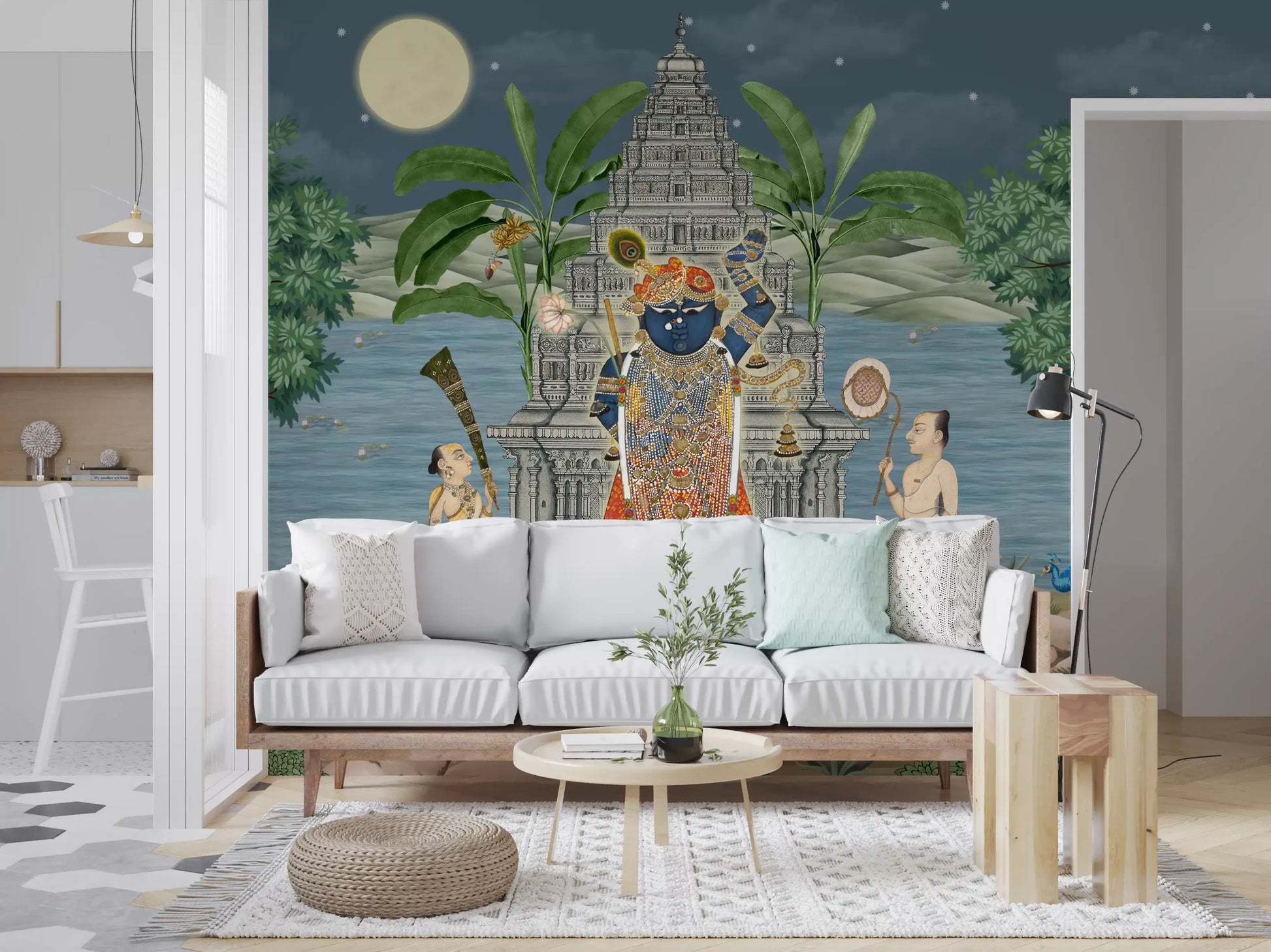 Full moon and starry sky above a still water horizon in a moonlit Pichwai mural., GD10168