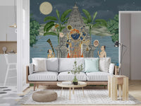 Full moon and starry sky above a still water horizon in a moonlit Pichwai mural., GD10168
