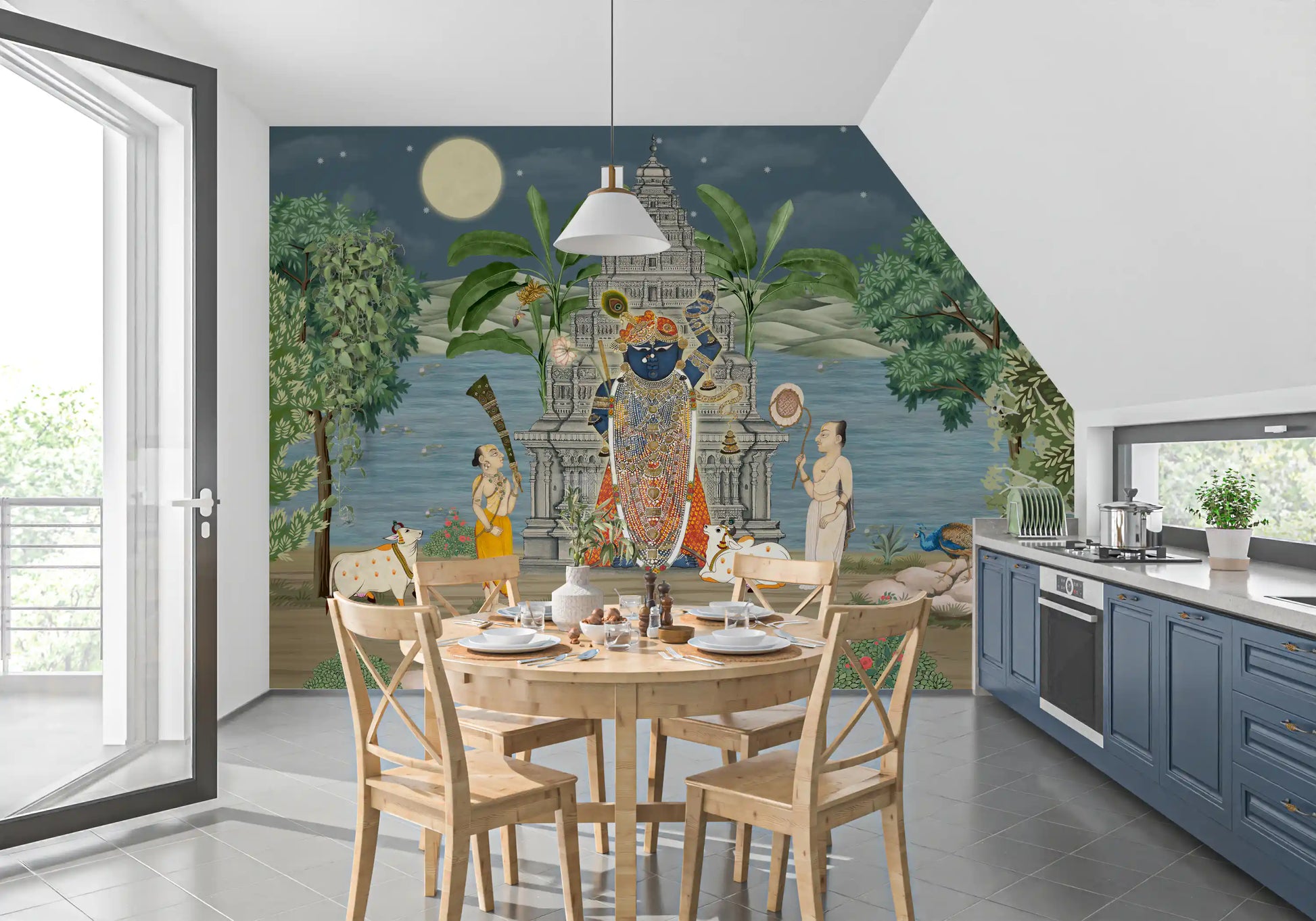 Layered Pichwai night mural in deep blues, greens and warm temple for dining room., GD10168