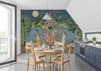Layered Pichwai night mural in deep blues, greens and warm temple for dining room., GD10168