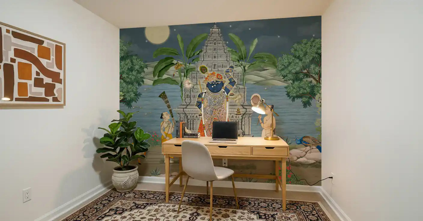 Two robed attendants wall mural with standing devotion beside the central deity figure in study room., GD10168