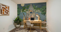 Two robed attendants wall mural with standing devotion beside the central deity figure in study room., GD10168