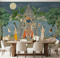 Moonlit Pichwai deity mural styled as a calm dining room wall backdrop., GD10168