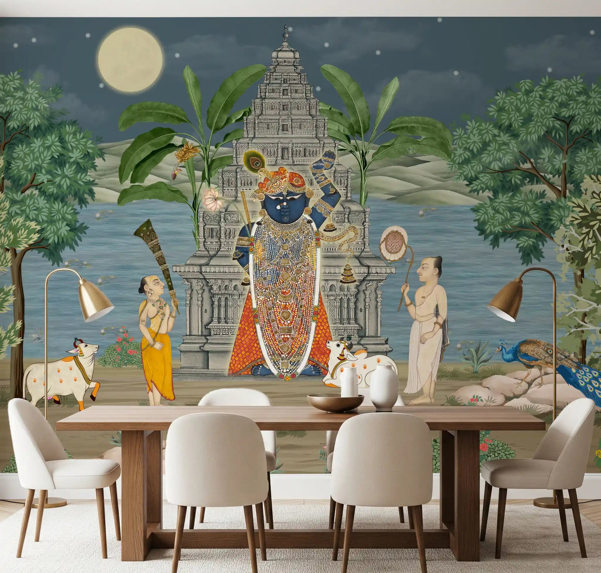 Moonlit Pichwai deity mural styled as a calm dining room wall backdrop., GD10168