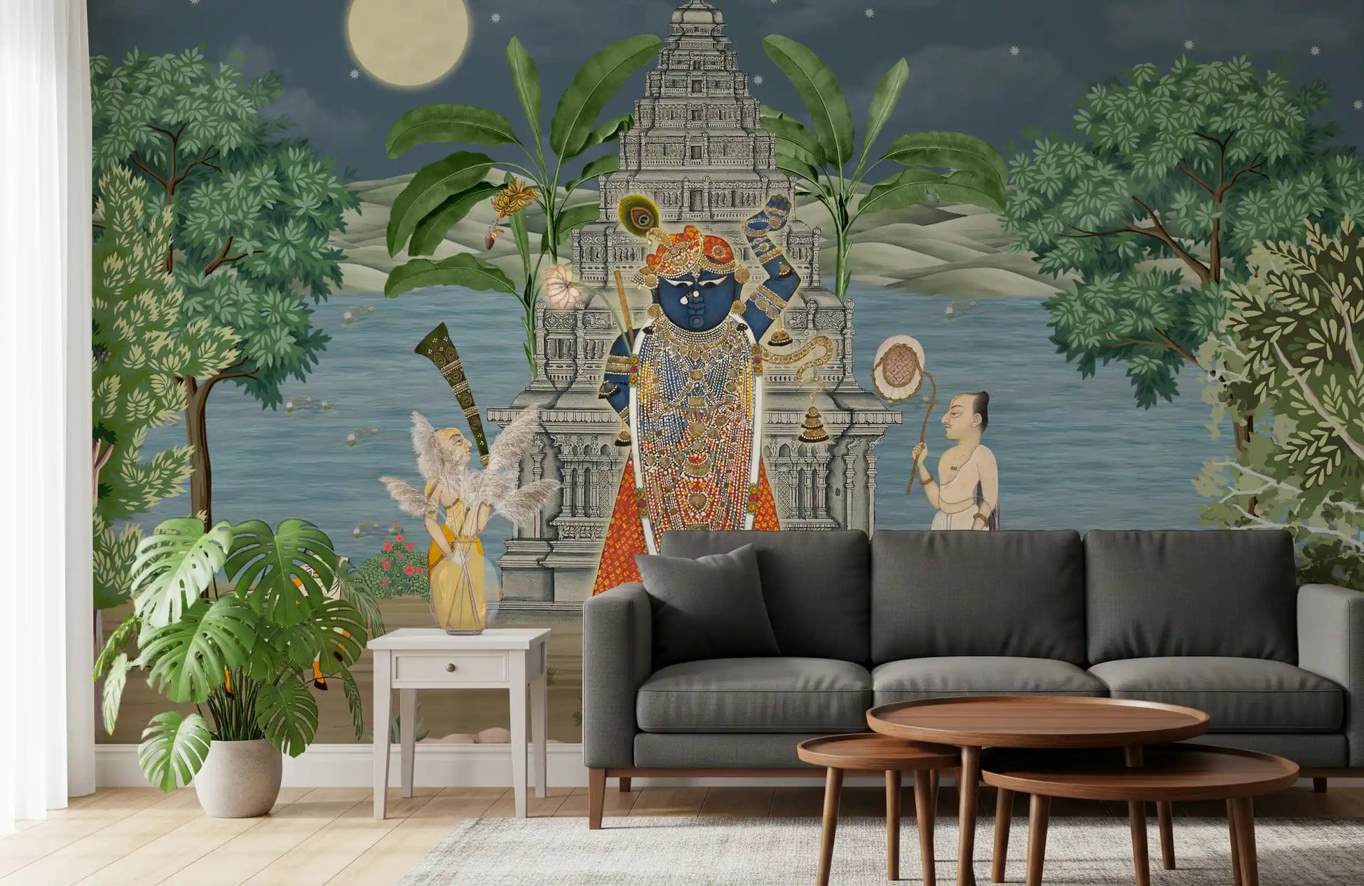 Tall palms and banana plants wall mural with a silver-grey temple spire at night, GD10168