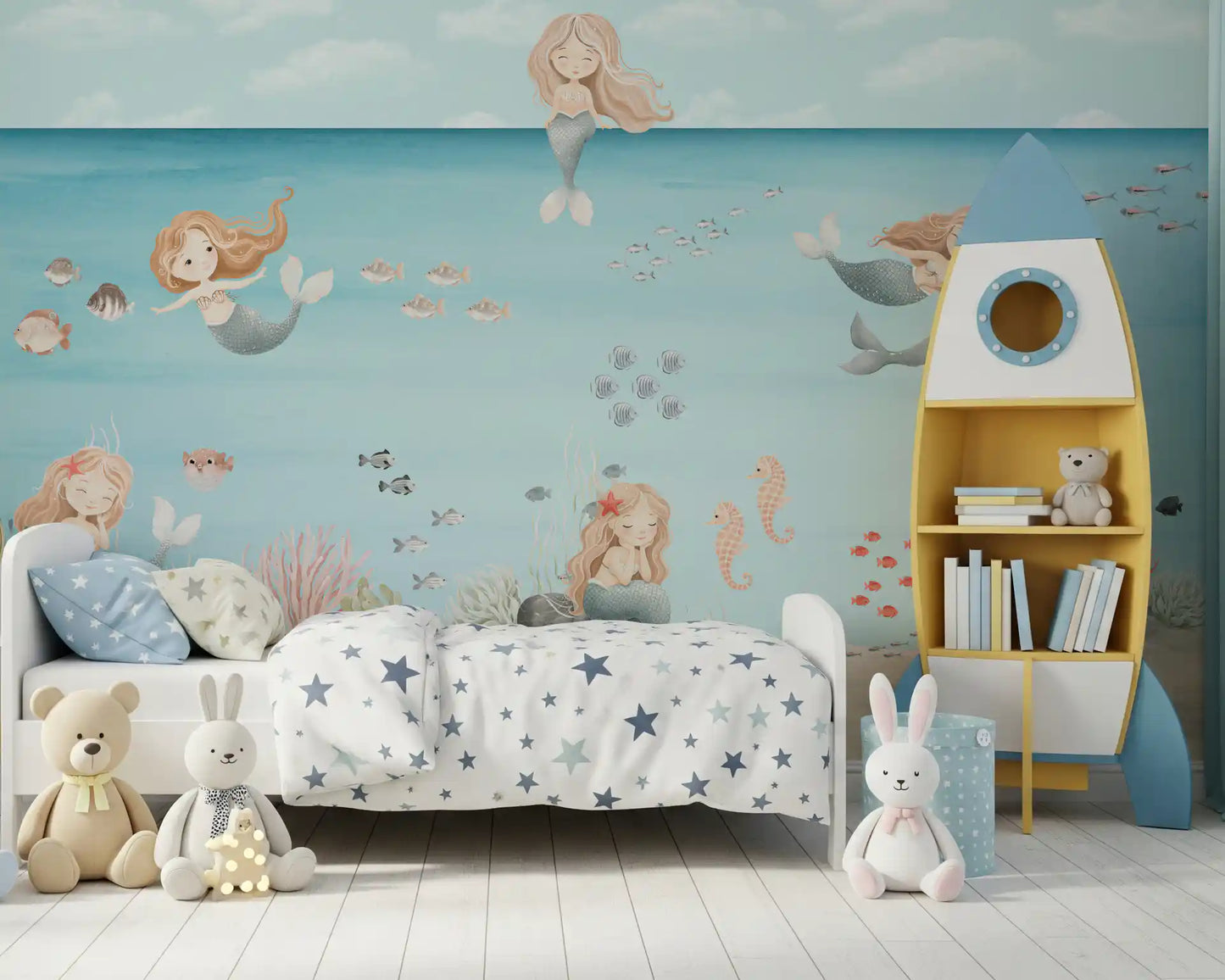 Seahorses, swaying seaweed, and tiny fish in a soft watercolour ocean wall mural., GD10169