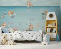 Seahorses, swaying seaweed, and tiny fish in a soft watercolour ocean wall mural., GD10169