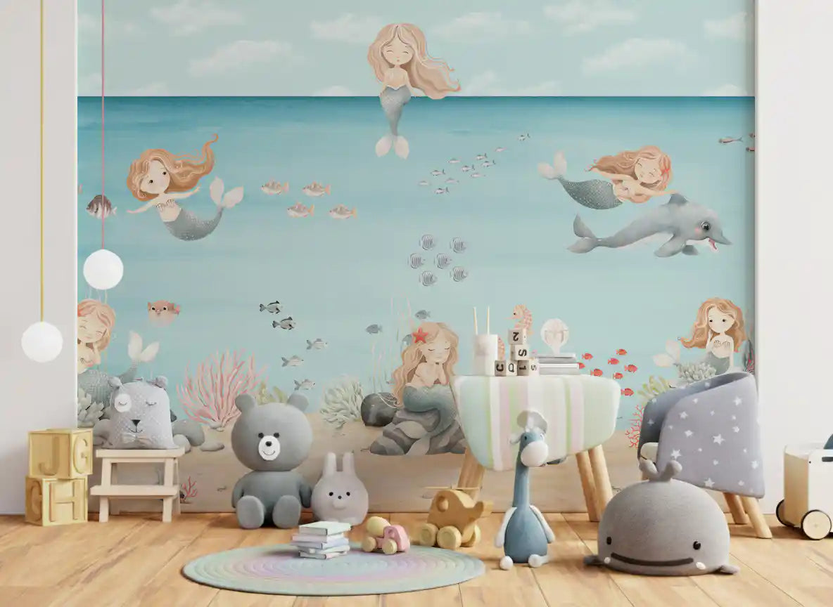 Pastel underwater wall mural with blush coral, grey pebbles and sky-blue water for playroom., GD10169
