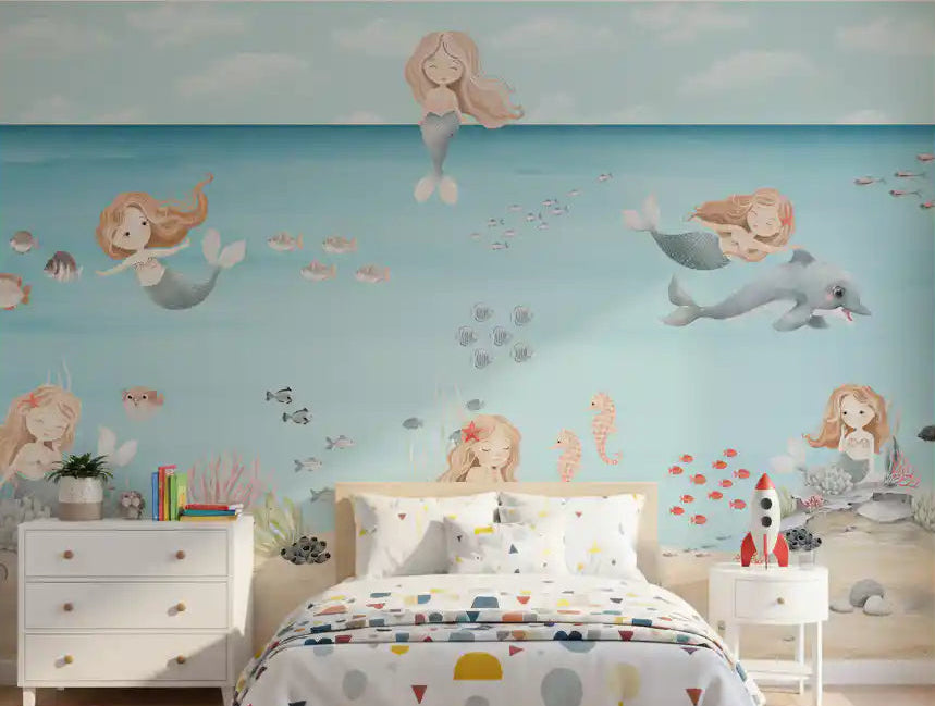 Underwater mermaid mural covering a kids bedroom wall with a calm seaside theme., GD10169