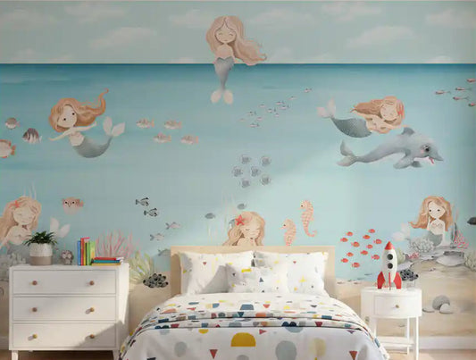 Underwater mermaid mural covering a kids bedroom wall with a calm seaside theme. 