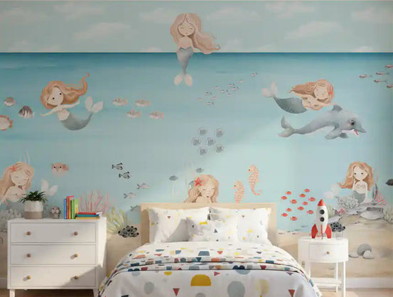 Underwater mermaid mural covering a kids bedroom wall with a calm seaside theme., GD10169