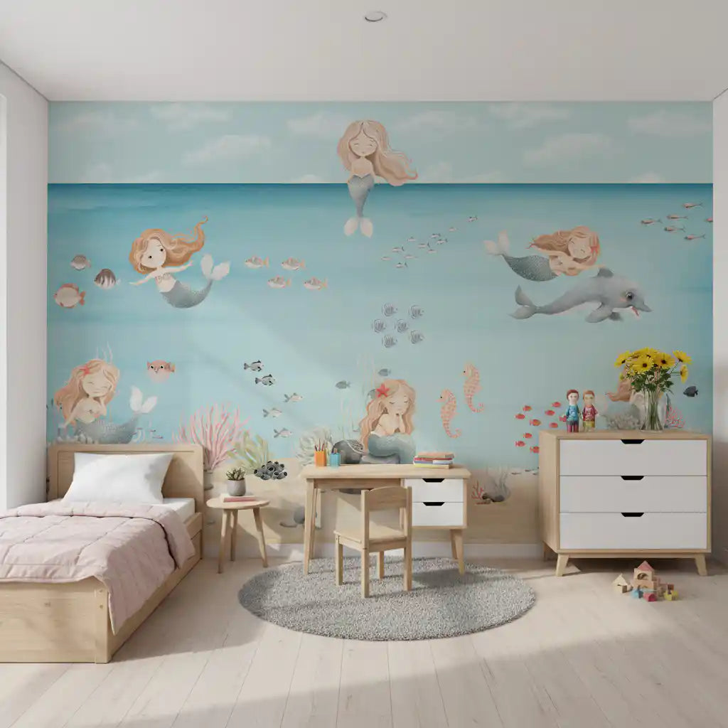 Mermaid lagoon mural on a kids bedroom feature wall in soft aqua tone, GD10169