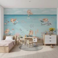 Mermaid lagoon mural on a kids bedroom feature wall in soft aqua tone, GD10169