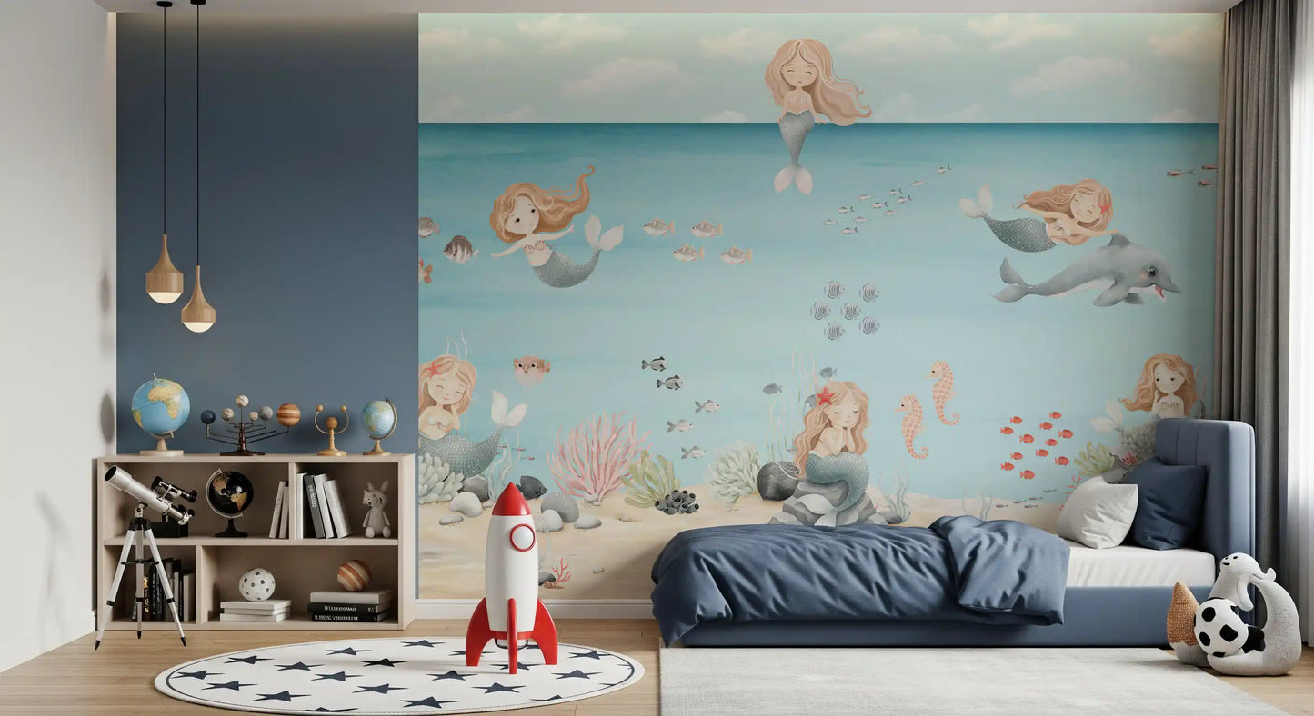 Mermaid wall mural with flowing hair and a scaled tail beside a curious pufferfish., GD10169