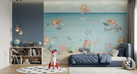 Mermaid wall mural with flowing hair and a scaled tail beside a curious pufferfish., GD10169