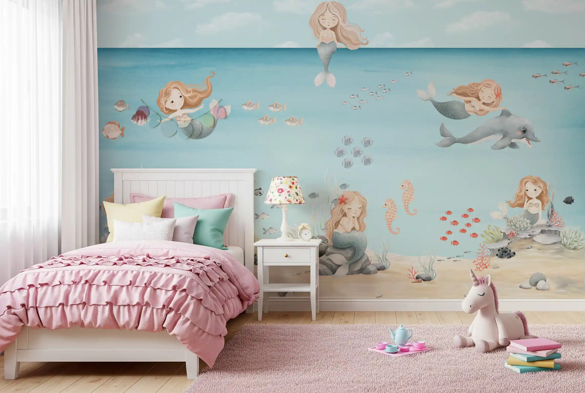 Underwater mermaid mural showing coral clusters, small fish, and a sandy seabed in child's bedroom., GD10169