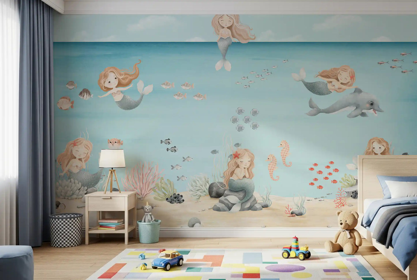 Mermaid resting on a rock with a starfish in her hair on the seabed wall mural., GD10169