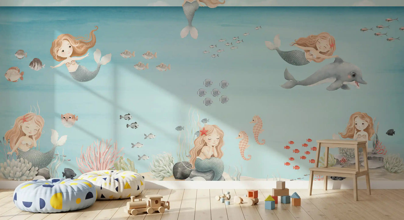 Mermaid wall mural with watercolour mermaids and a grey dolphin over calm aqua water.