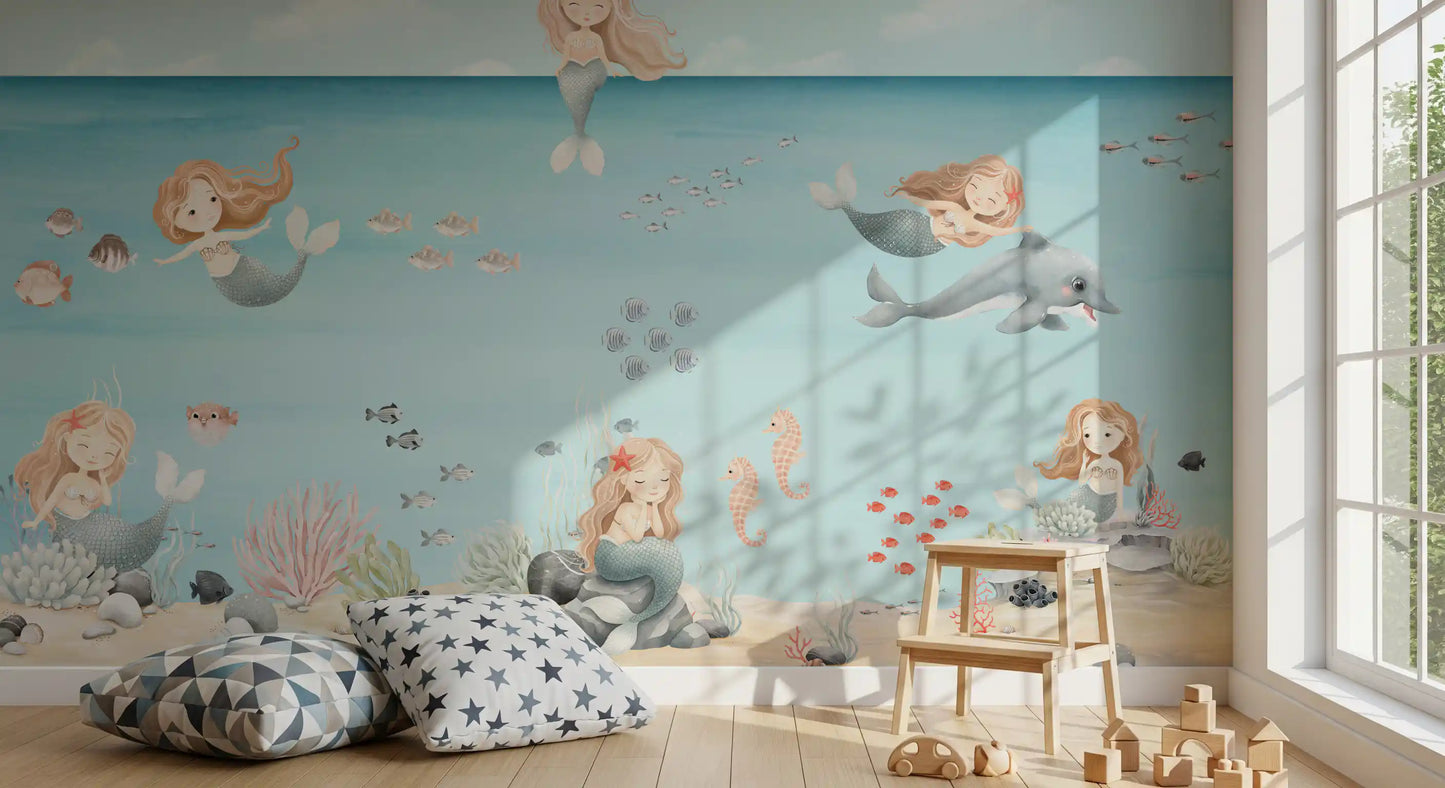 Schools of small orange and grey fish drifting across pale aqua water wall mural., GD10169