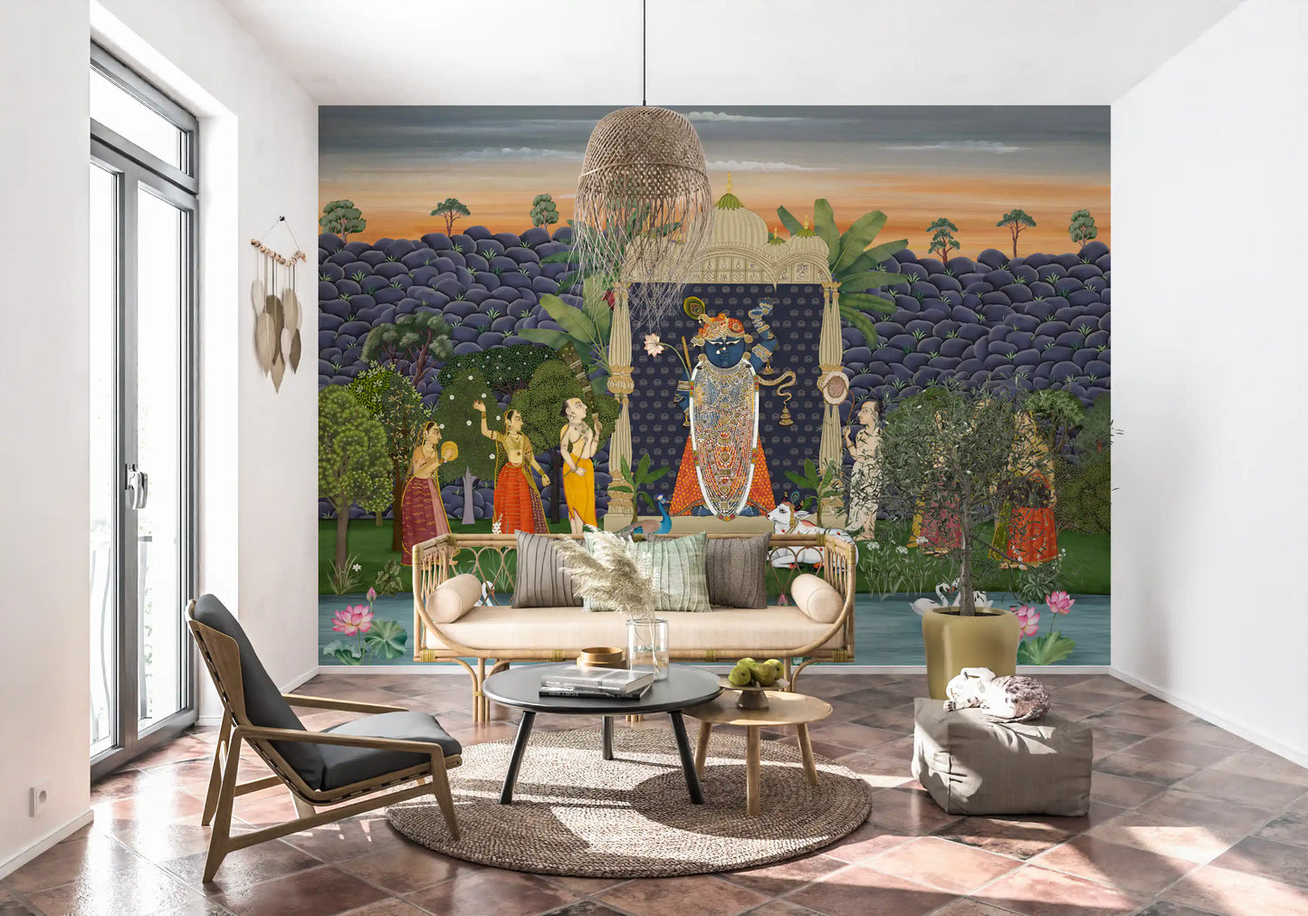 Sacred garden mural showing lotus flowers, banana plant, and traditional figure in hallway., GD10170