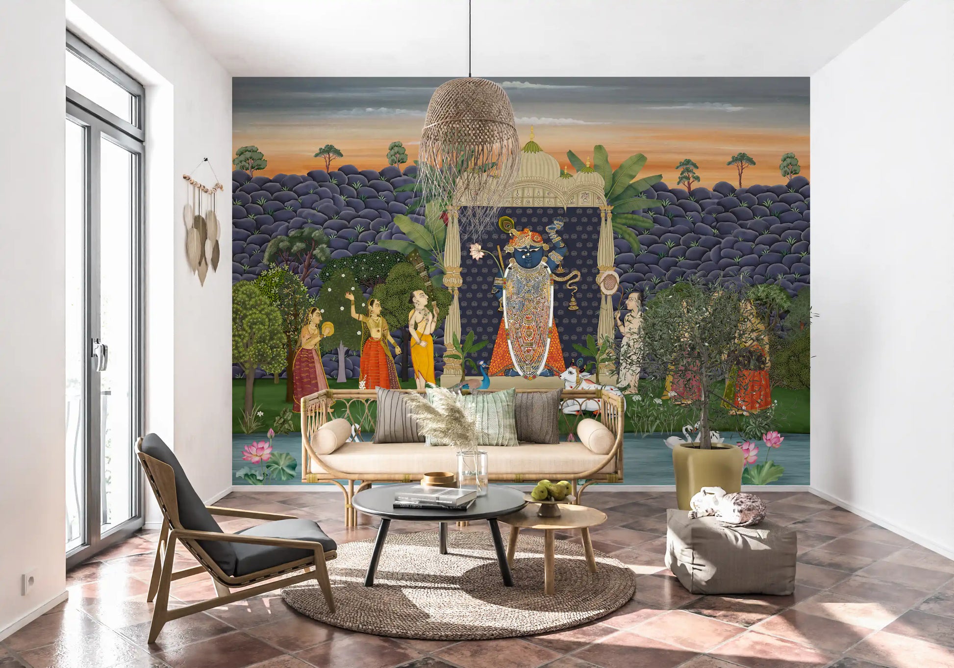 Sacred garden mural showing lotus flowers, banana plant, and traditional figure in hallway., GD10170