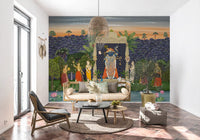 Sacred garden mural showing lotus flowers, banana plant, and traditional figure in hallway., GD10170