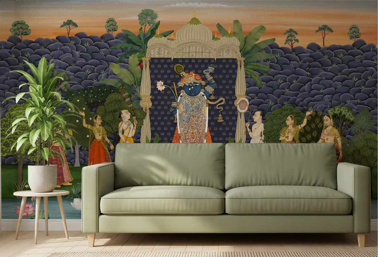 Sacred Garden Pichwai wall mural showing a blue Shrinathji figure under a gold temple canopy in living room.