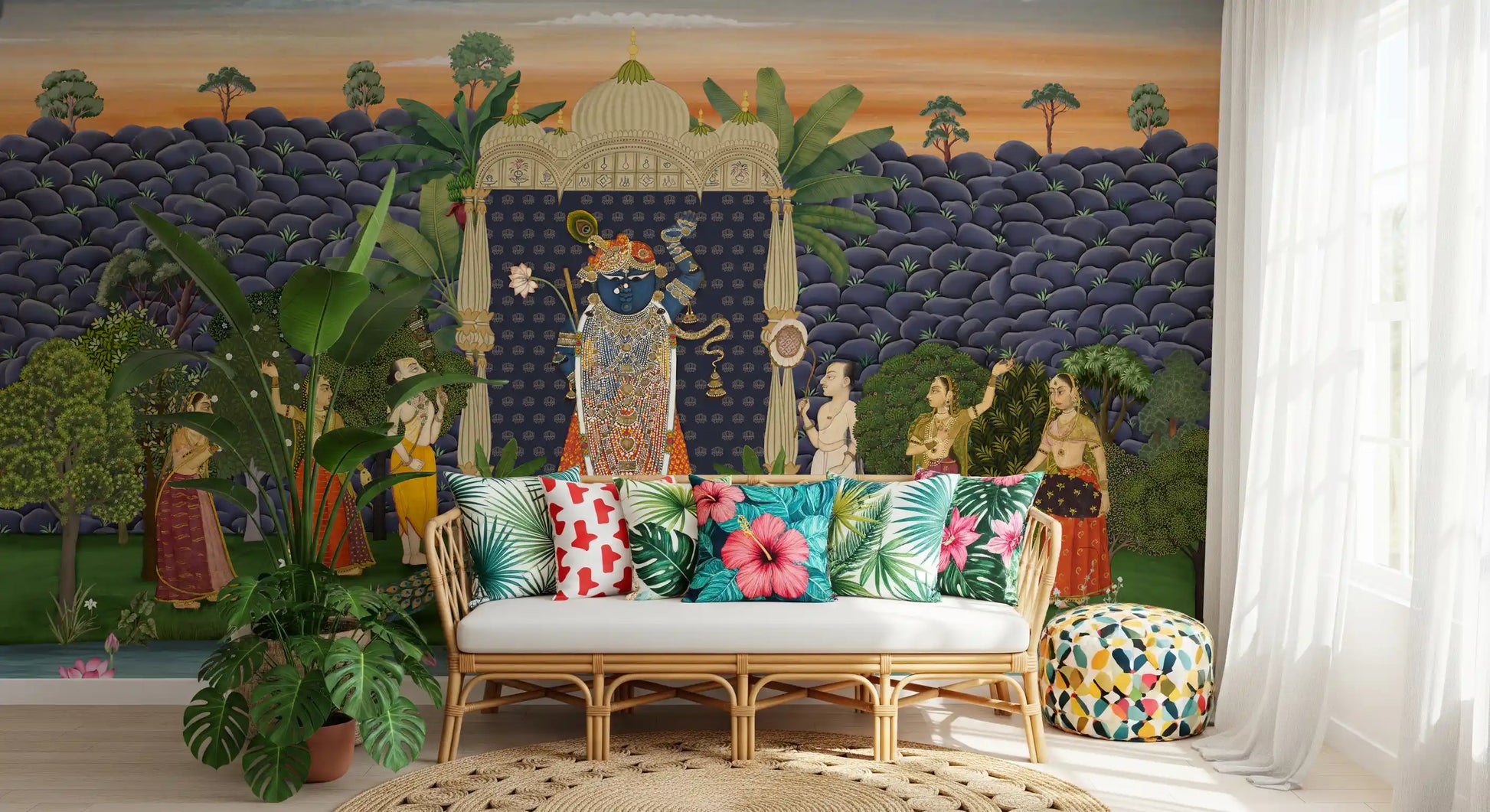 Sacred Shrinathji wall mural with lotus pond details., GD10170