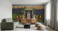 Pichwai scene wall mural with saffron, gold, and deep blue tones around a temple arch., GD10170
