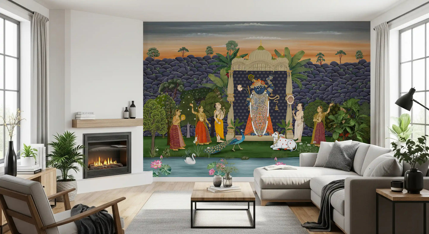 Devotional Pichwai mural across a living room accent wall with warm sunset tones., GD10170