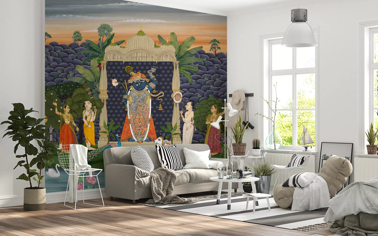 Pichwai garden wall mural on living area  backdrop in deep blue and saffron., GD10170