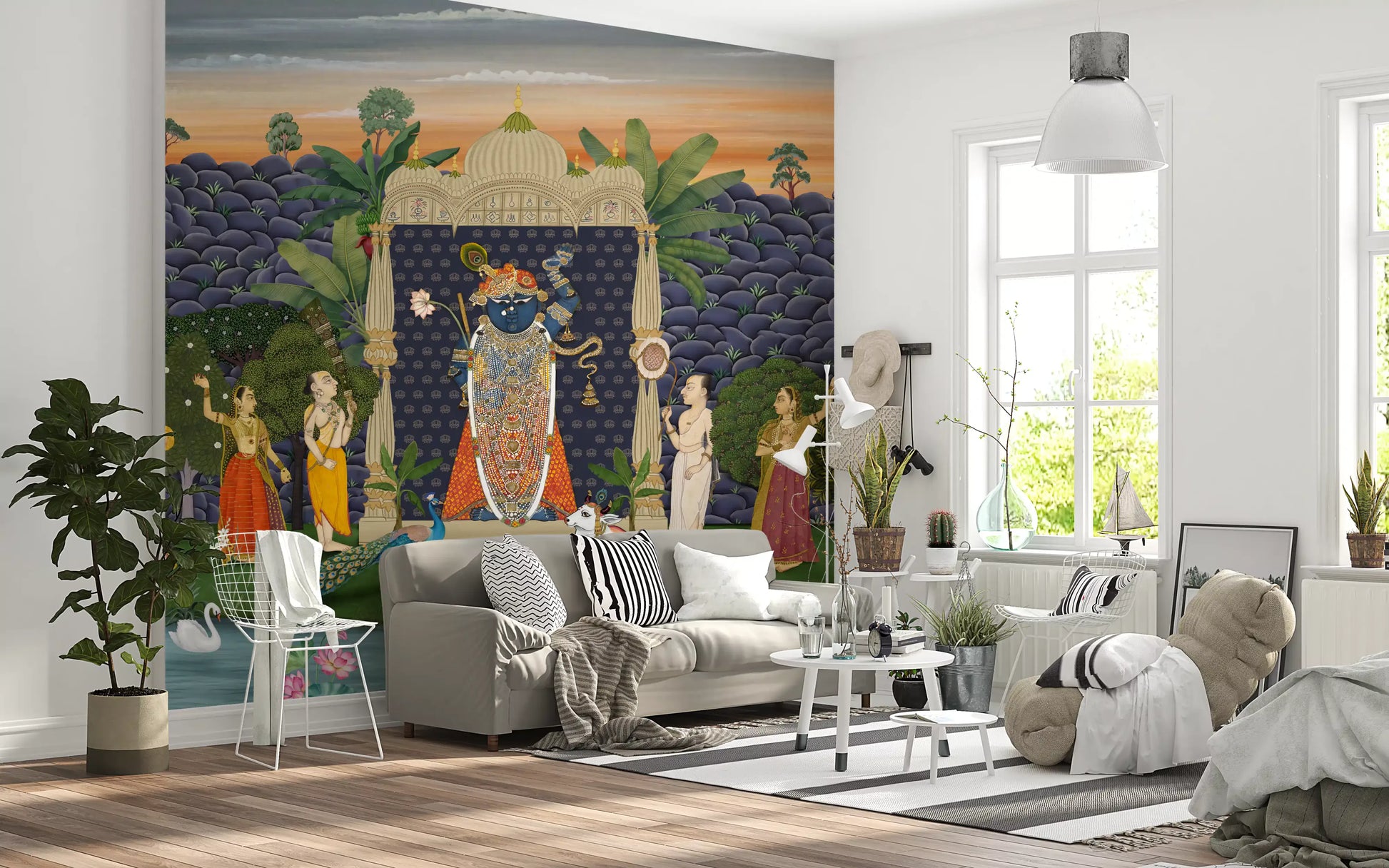 Pichwai garden wall mural on living area  backdrop in deep blue and saffron., GD10170