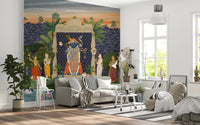 Pichwai garden wall mural on living area  backdrop in deep blue and saffron., GD10170