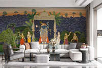 Devotional wall mural featuring an indigo backdrop, sunset sky, and layered green hills., GD10170