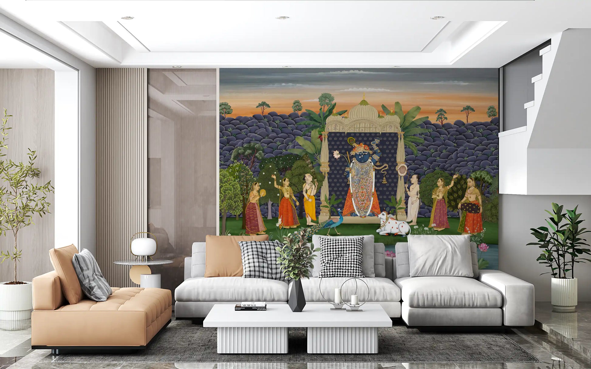 Sacred Garden Pichwai mural on a living room feature wall in indigo and gold., GD10170