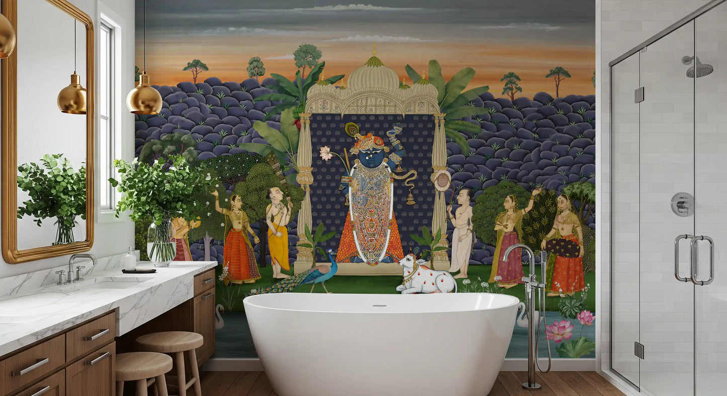 Krishna temple wall mural along a bathroom wall with peacock and swan detail., GD10170