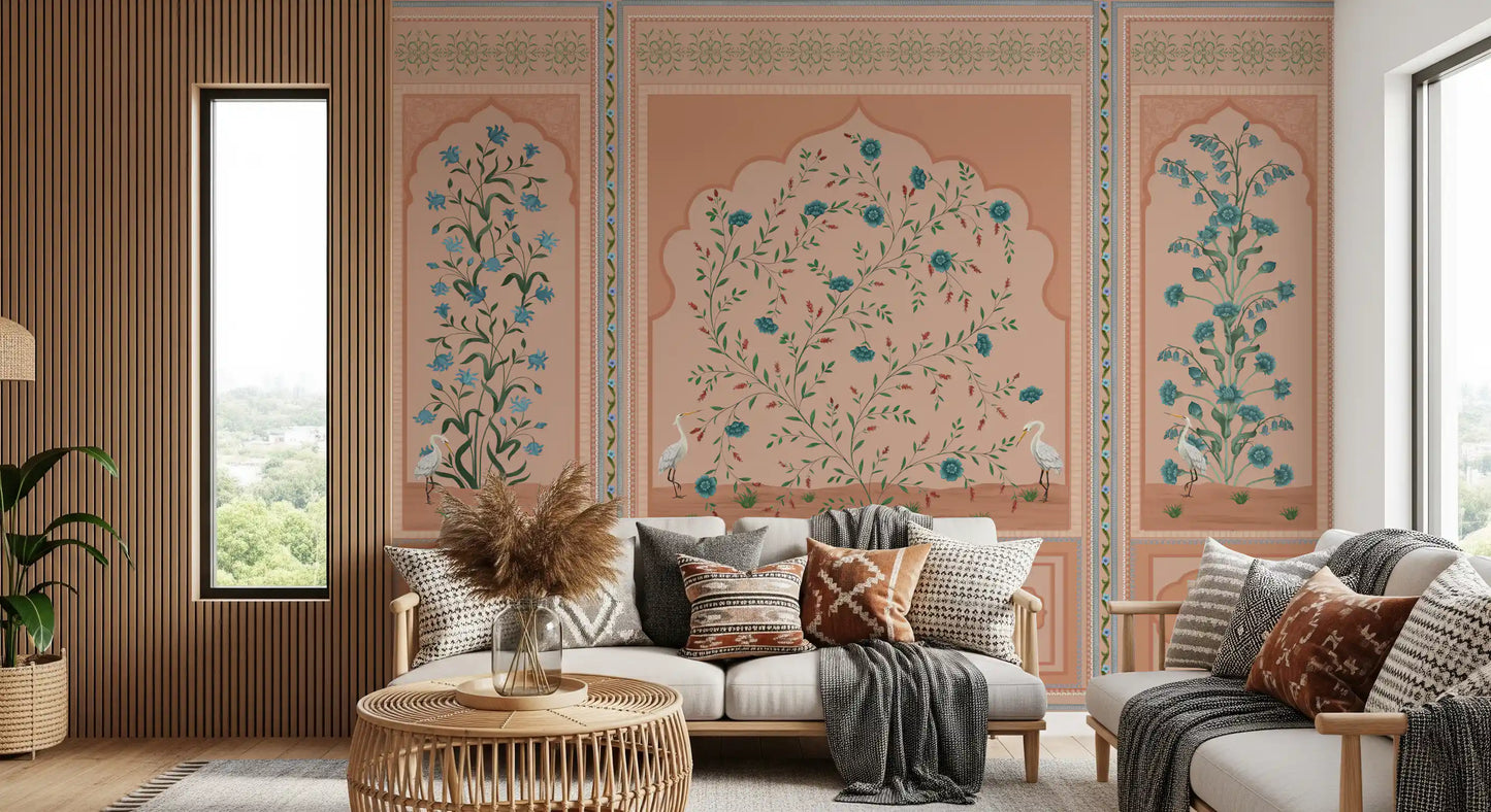 Carved urn and central vessel along the base band of a Mughal garden mural in living room., GD10171