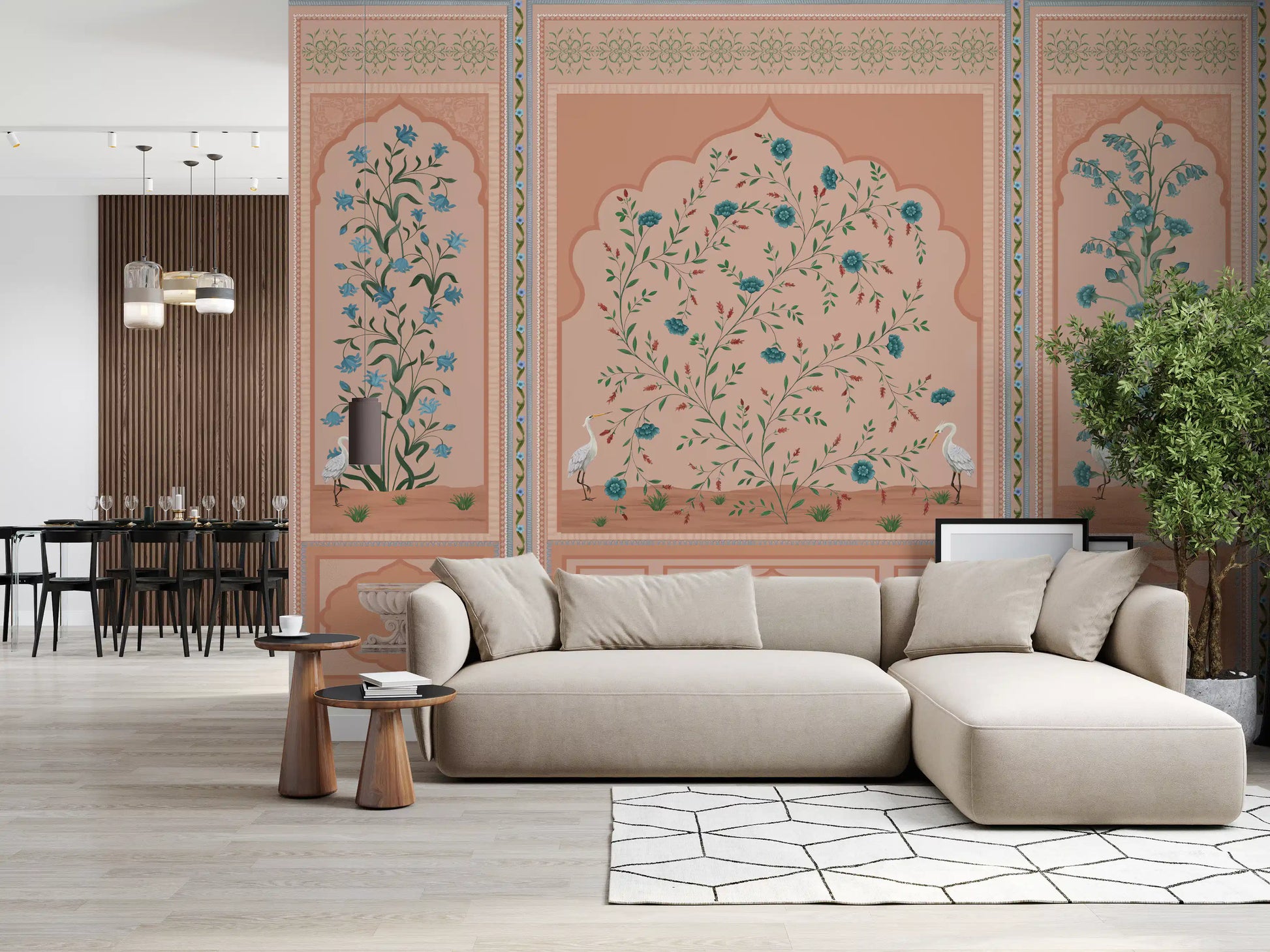 Mughal garden mural with soft matte tones and detailed botanical branches., GD10171
