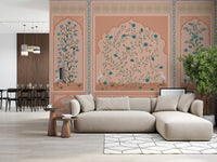 Mughal garden mural with soft matte tones and detailed botanical branches., GD10171