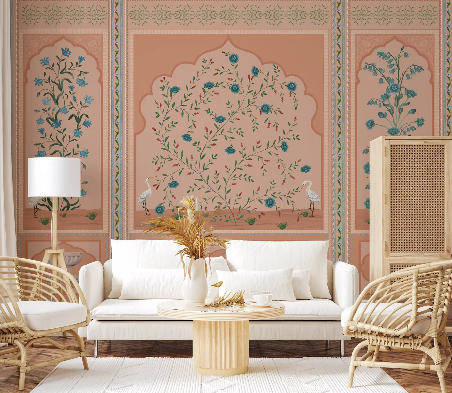 Mughal garden panels wall mural framing a calm feature wall in a living room., GD10171