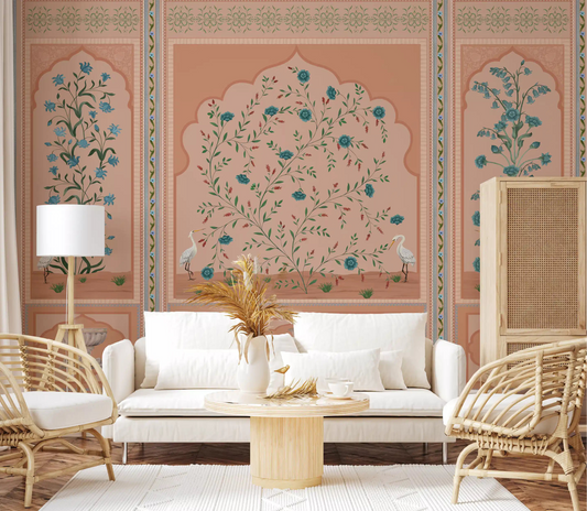 Mughal garden panels wall mural framing a calm feature wall in a living room., GD10171