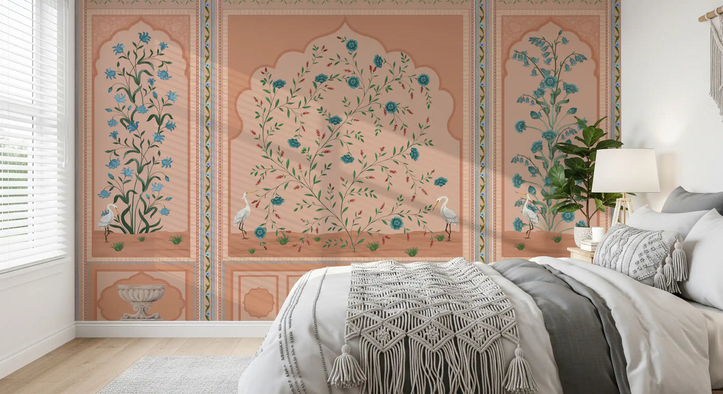 Traditional palace style wall mural in peach teal and sage colours for bedroom., GD10171