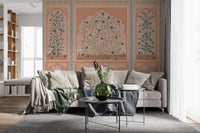 Heritage style mural showing climbing flowering branches inside scalloped arches., GD10171