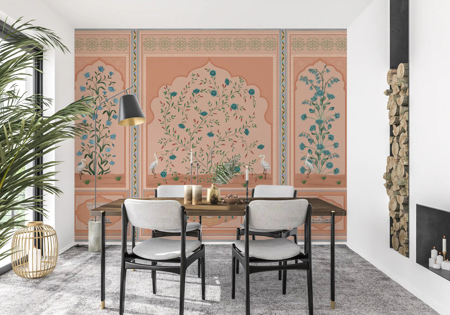 Peach toned mural with sage foliage and fine floral border patterns in dining room., GD10171