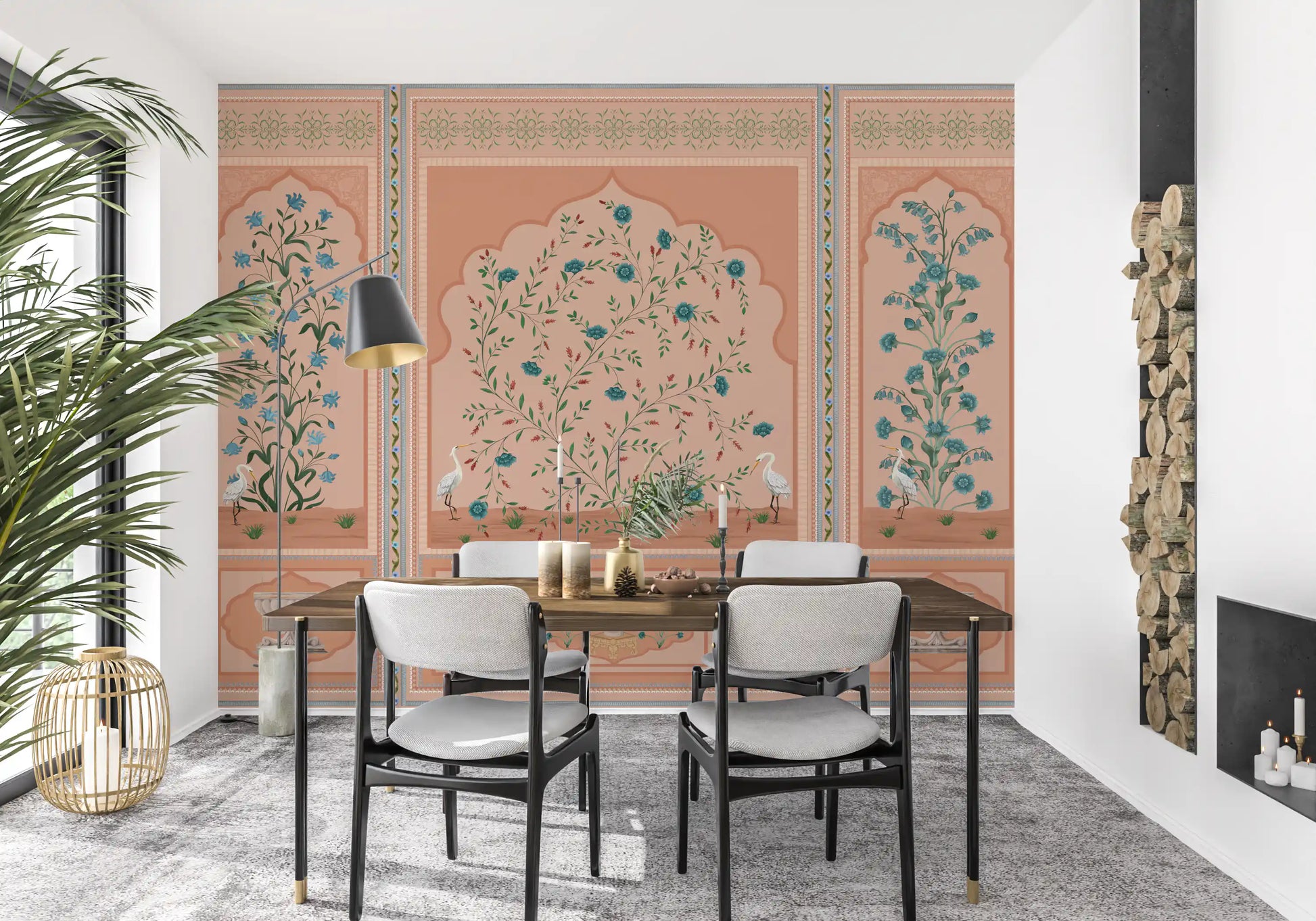 Peach toned mural with sage foliage and fine floral border patterns in dining room., GD10171