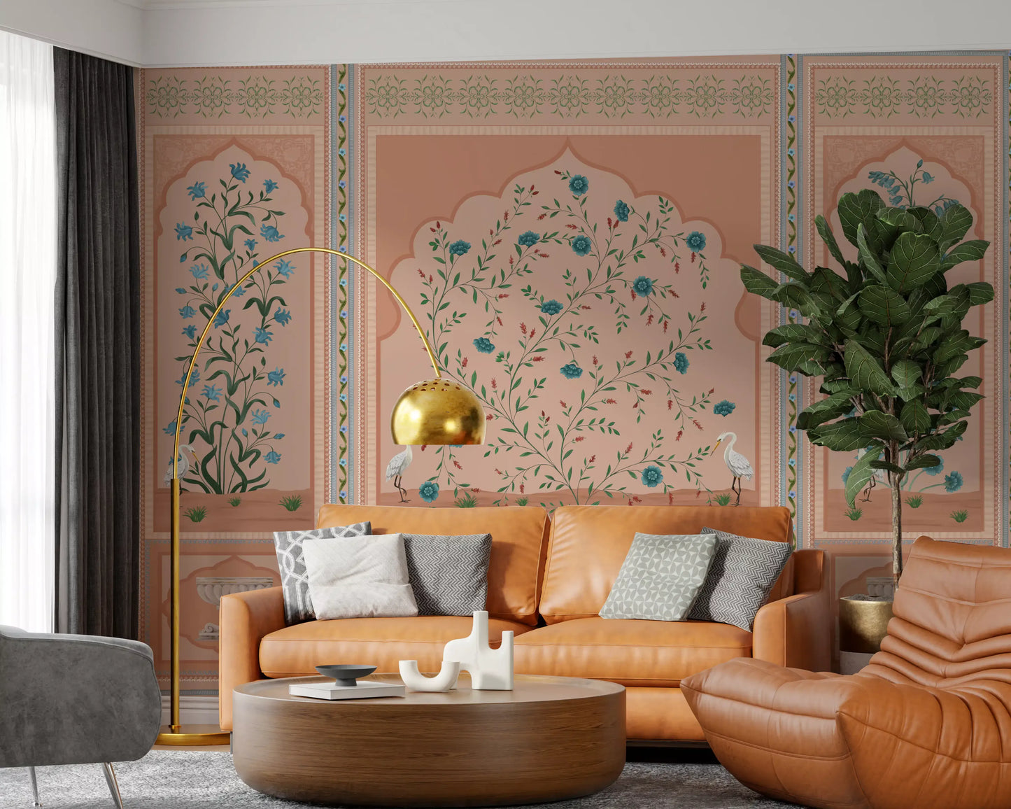 Mughal garden panels wall mural with three arched bays of teal floral vines on peach., GD10171
